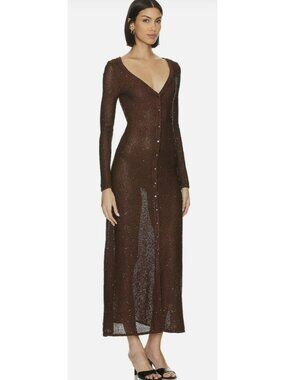 Misa Los Angeles Rafael Brown Sequin Button-Down Maxi Dress Cardigan Medium NWT